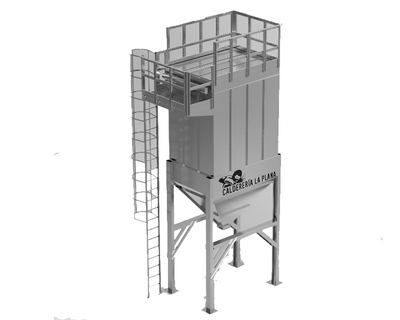 Diseño en 3D de un filtro industrial con plataforma y escalera