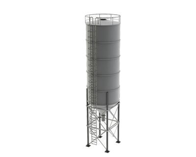 Diseño en 3D de un silo metálico con escalera de acceso